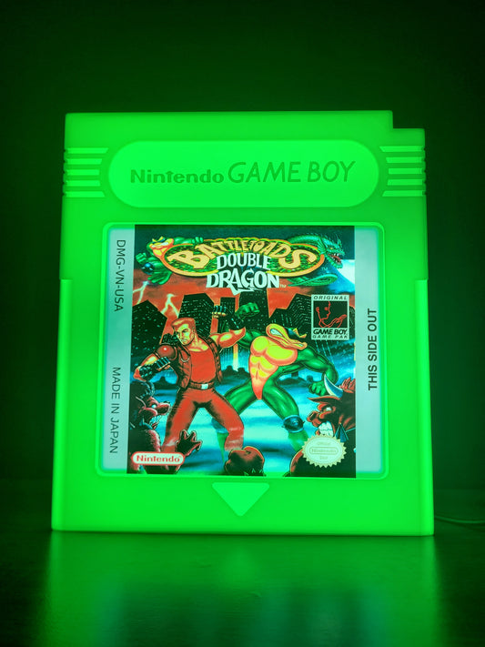 Double Dragon Battletoads GAMEBOY CARTRIDGE LED light sign with illuminated logo viewed from straight on