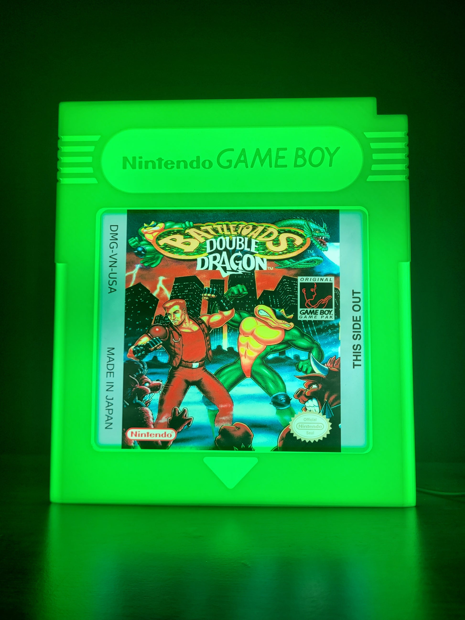 Double Dragon Battletoads GAMEBOY CARTRIDGE LED light sign with illuminated logo viewed from straight on