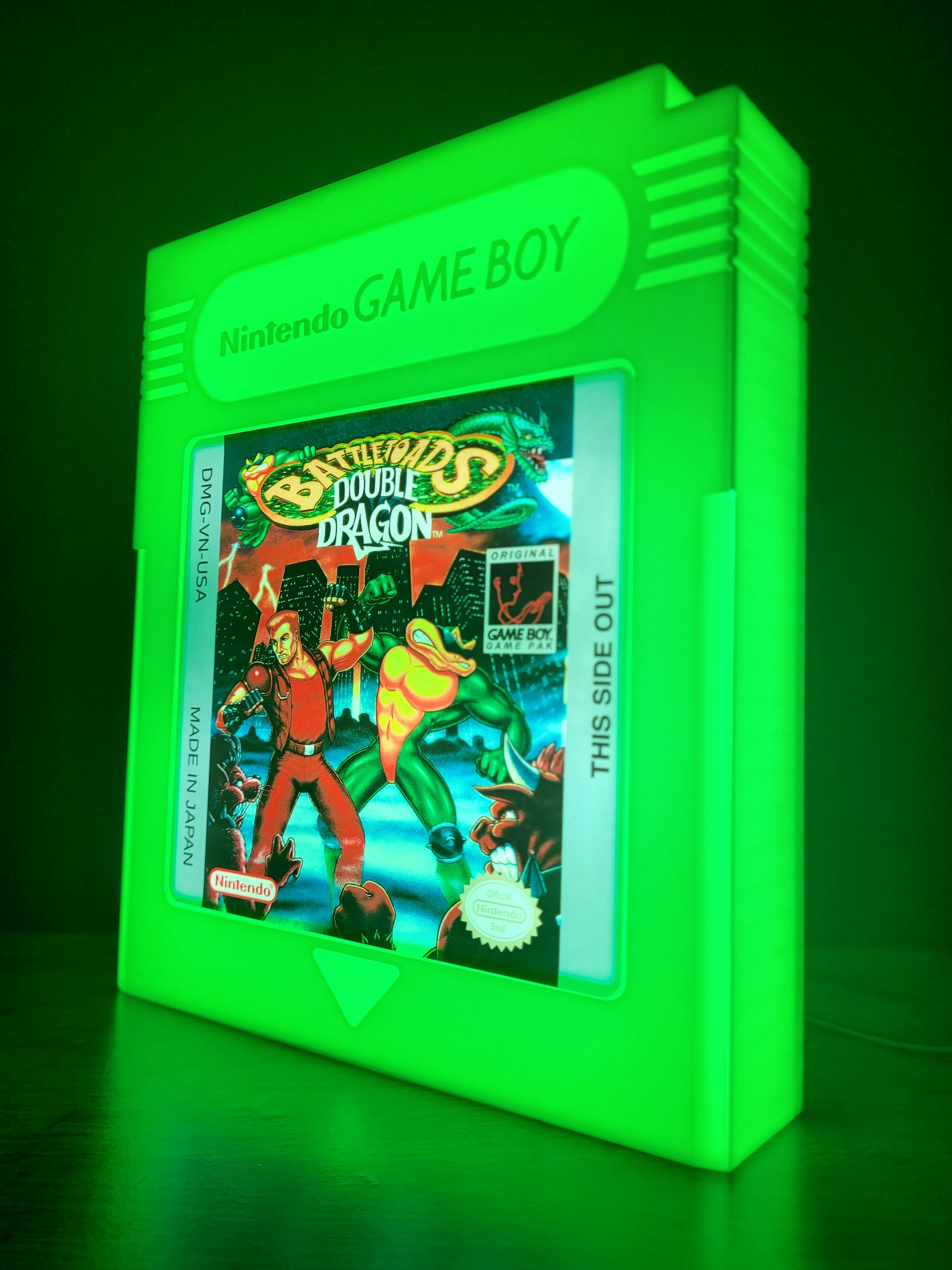 double dragon battle toads giant cartridge led light sign with illuminated logo viewed from side view