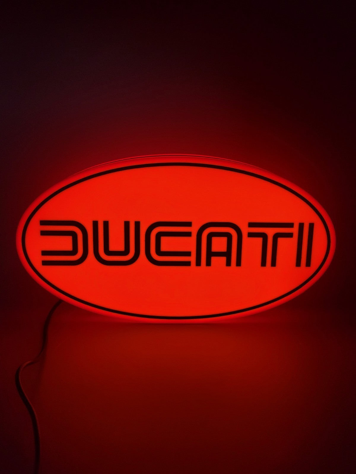 Ducati led light sign with illuminated logo viewed from straight on