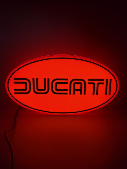 Ducati led light sign with illuminated logo viewed from straight on