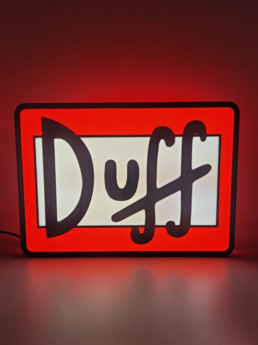 DUFF led light sign with illuminated logo viewed from straight on