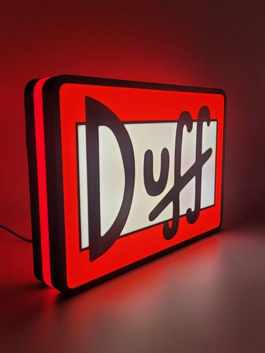 DUFF led light sign with illuminated logo viewed from side view