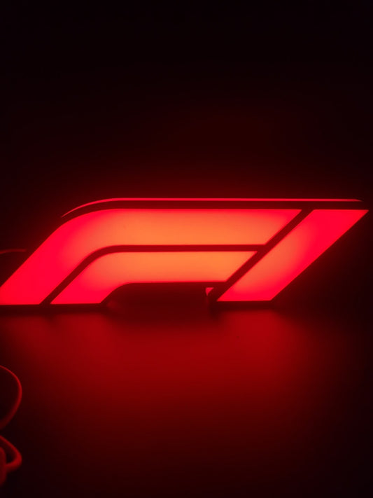 F1 led light sign with illuminated logo viewed from straight on 