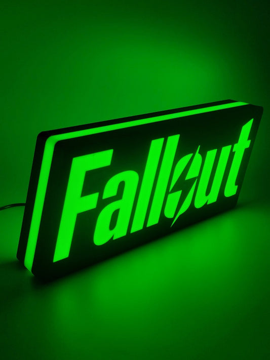 Fallout LED light sign with illuminated logo viewed from side view