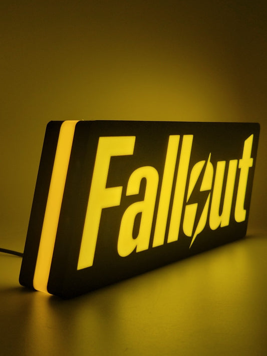 Fallout LED light sign with illuminated logo viewed from side view