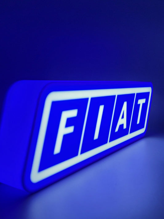 FIAT led light sign with illuminated logo viewed from side view