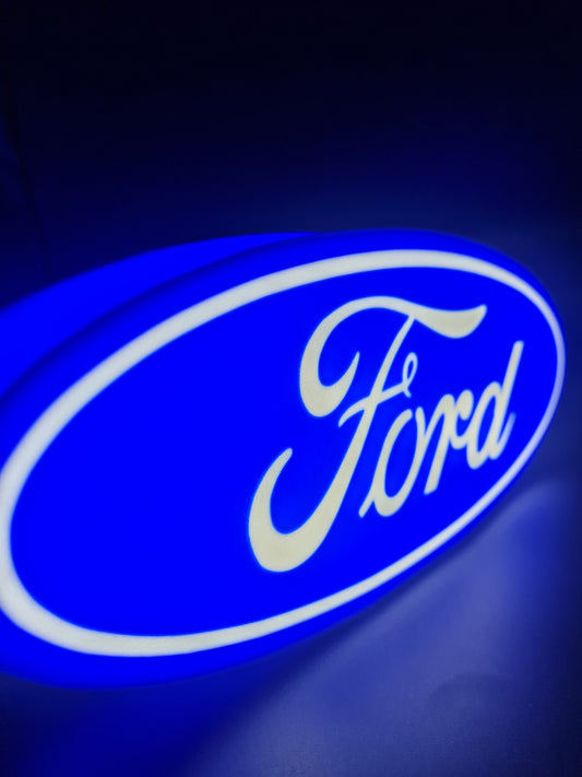 ford led light sign with illuminated logo viewed from side view