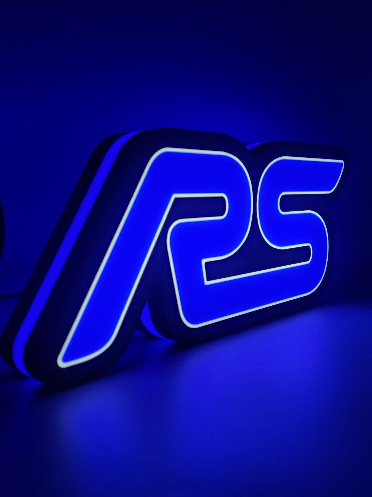 FORD RS led light sign with illuminated logo viewed from side view 