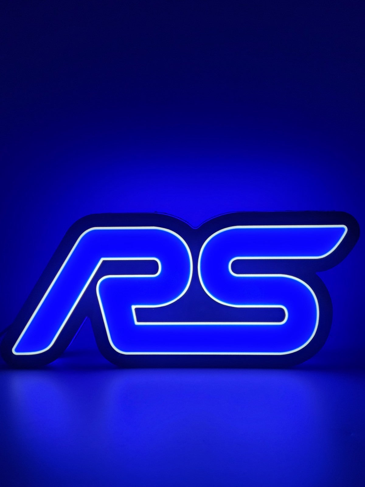 FORD RS led light sign with illuminated logo viewed from straight on