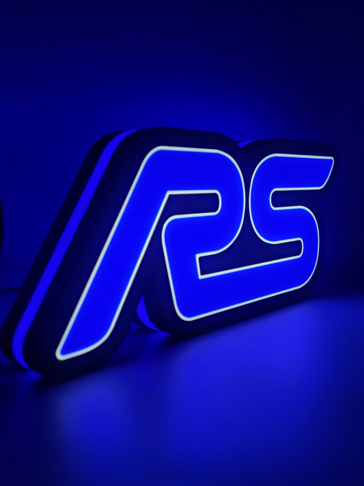 FORD RS led light sign with illuminated logo viewed from side view