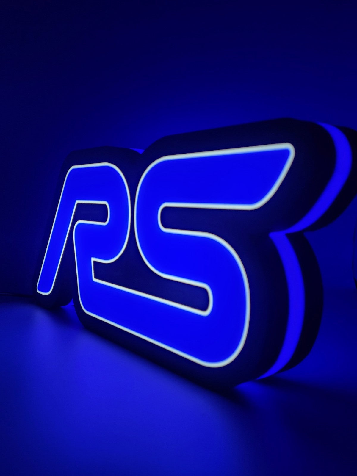 FORD RS led light sign with illuminated logo viewed from side view