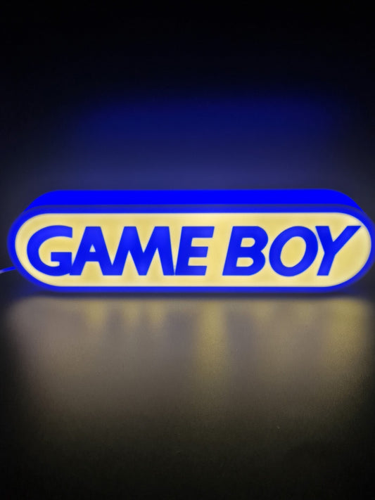 Game boy LED light sign with illuminated logo viewed from straight on