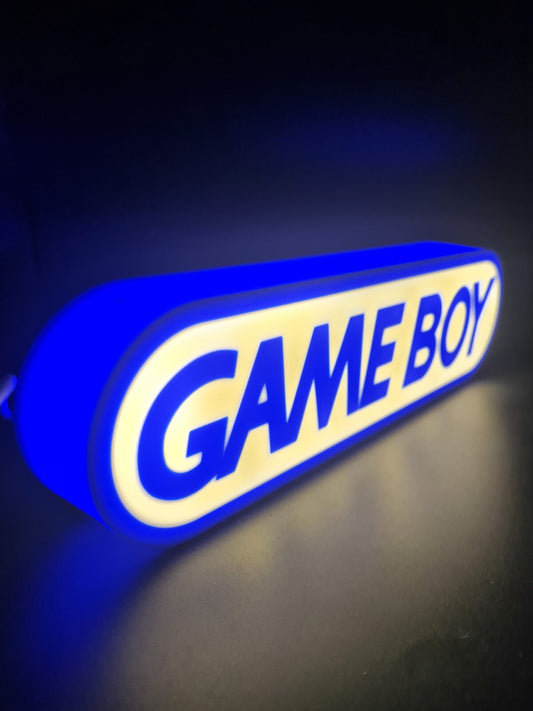 Gameboy LED light sign with illuminated logo viewed from side view