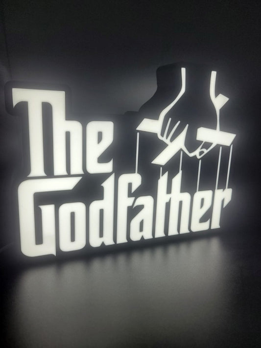 The Godfather LED light sign with illuminated logo viewed from side view
