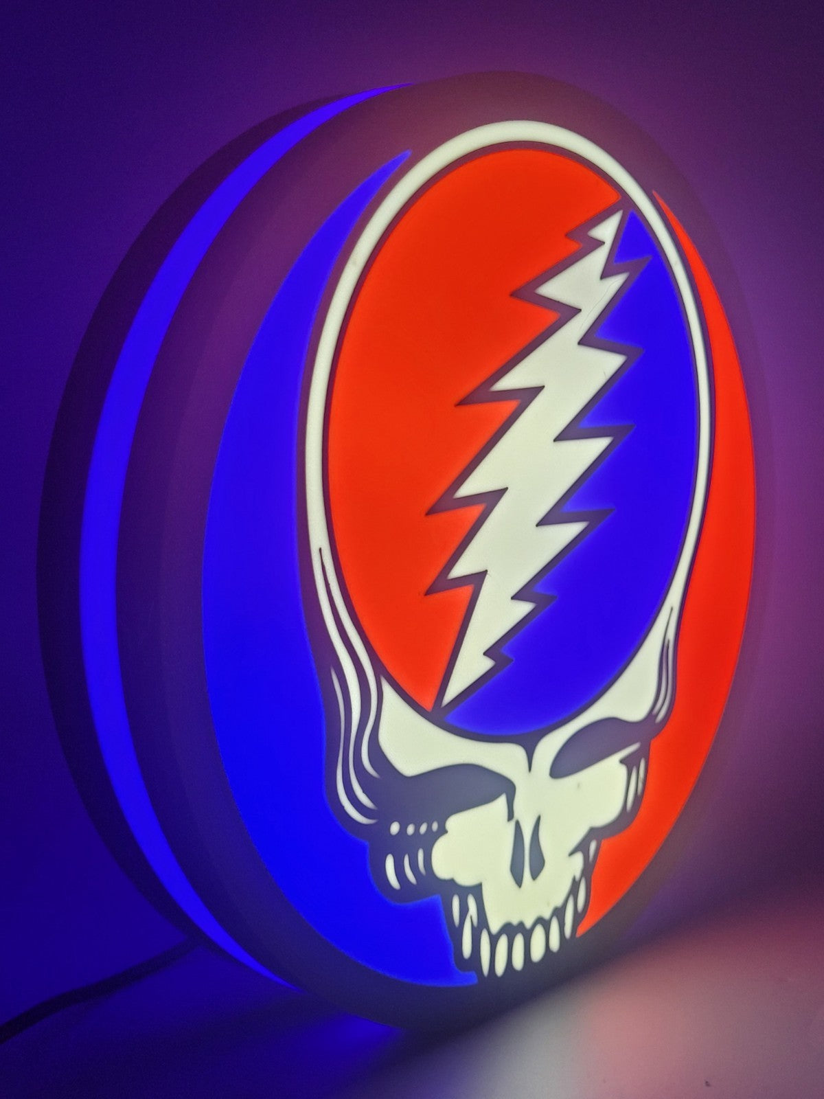 Greatful Dead led light sign with illuminated logo viewed from side view