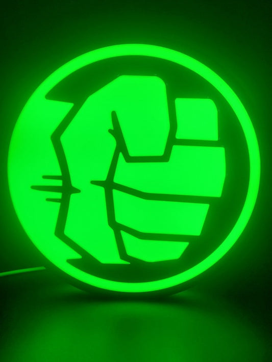 Hulk LED light sign with illuminated logo viewed from straight on