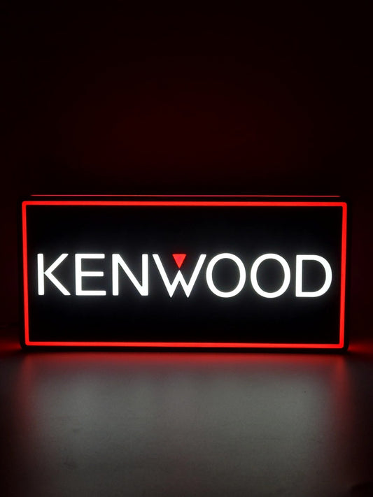 kenwood led light sign with illuminated logo viewed from straight on