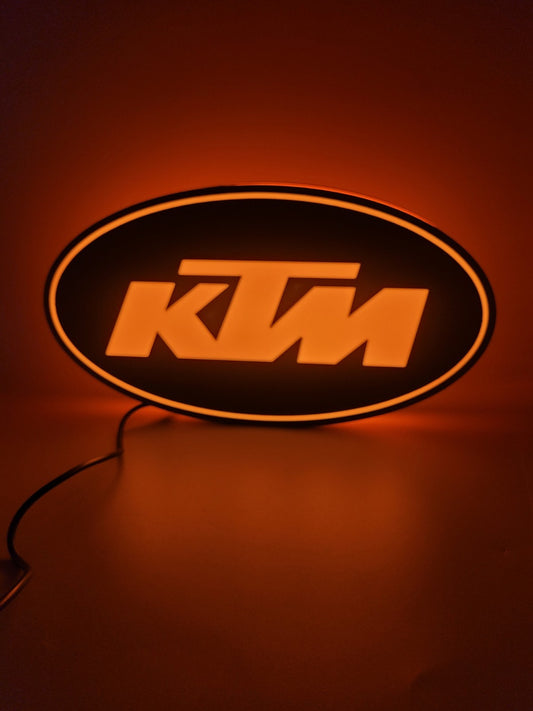 KTM led light sign with illuminated logo viewed from straight on