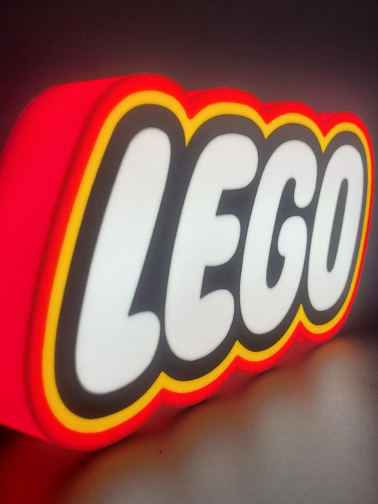 Lego LED light sign with illuminated logo viewed from side view