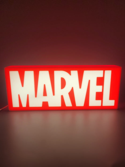 Marvel LED light sign with illuminated logo viewed from straight on