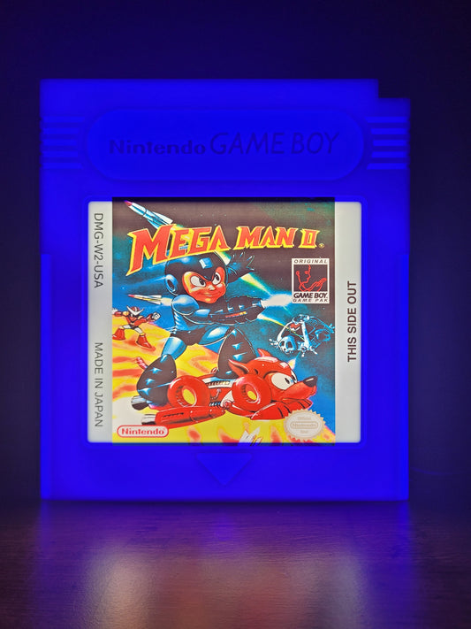 Mega Man GAMEBOY CARTRIDGE LED light sign with illuminated logo viewed from straight on