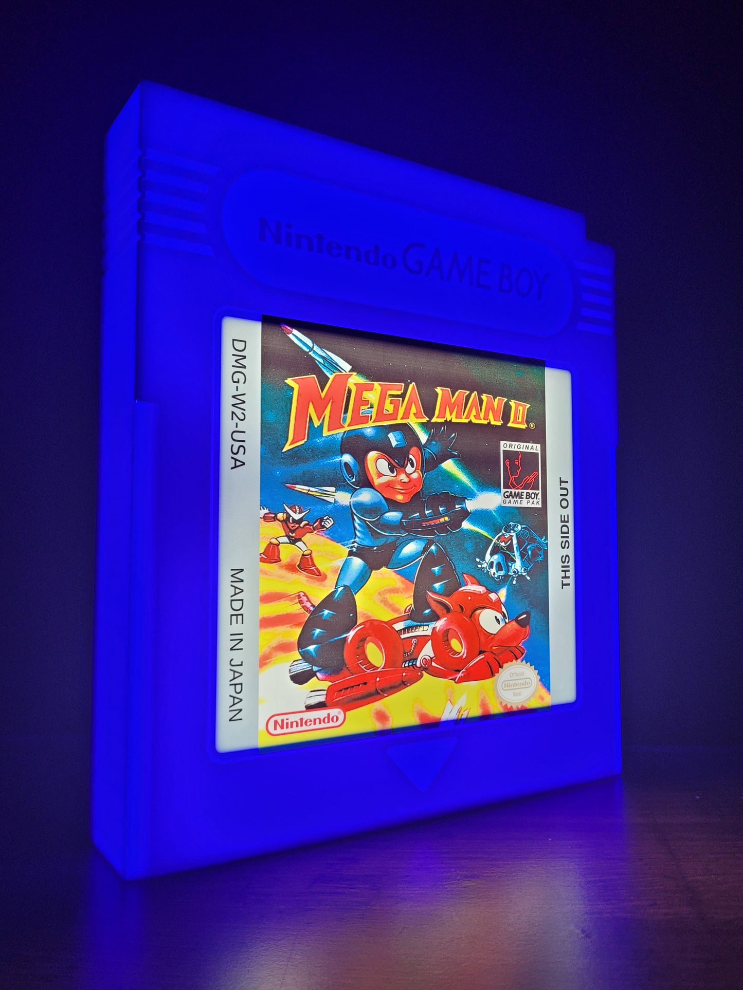mega man giant cartridge led light sign with illuminated logo viewed from side view