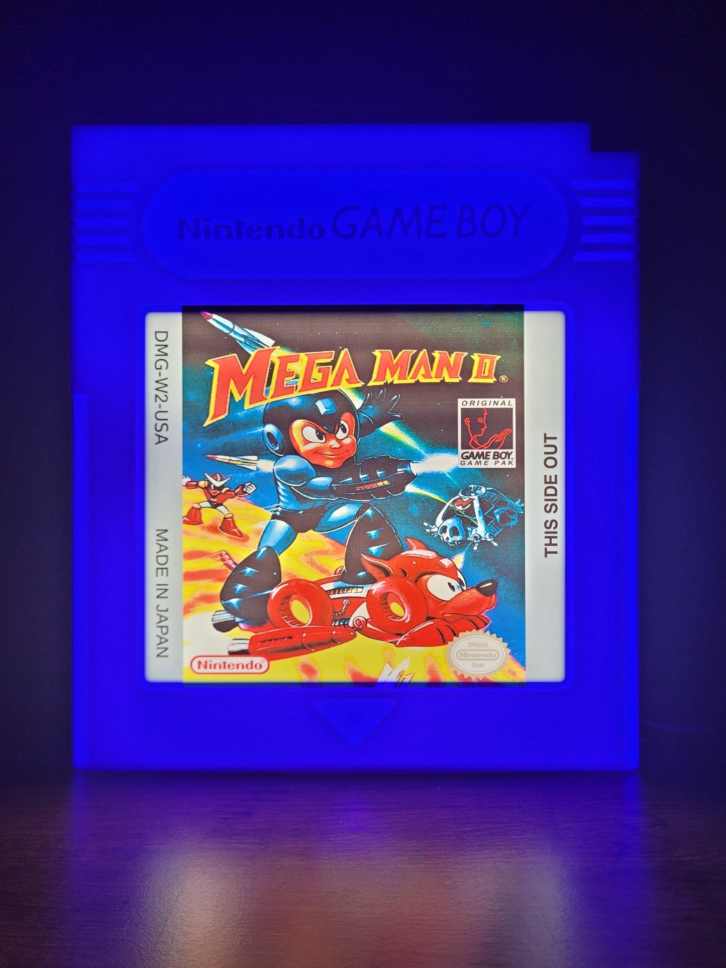 Mega Man GAMEBOY CARTRIDGE LED light sign with illuminated logo viewed from straight on