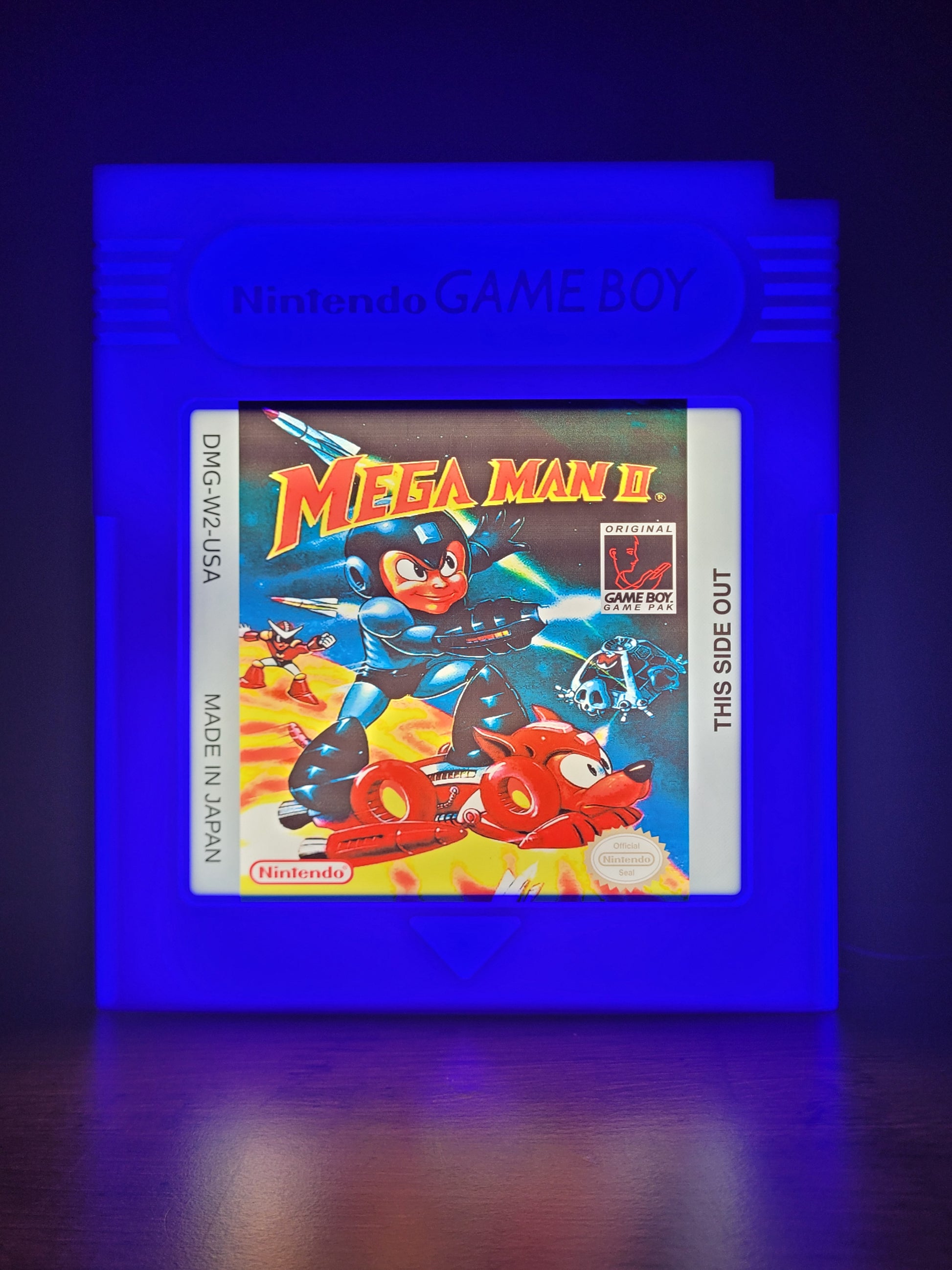 Mega Man GAMEBOY CARTRIDGE LED light sign with illuminated logo viewed from straight on