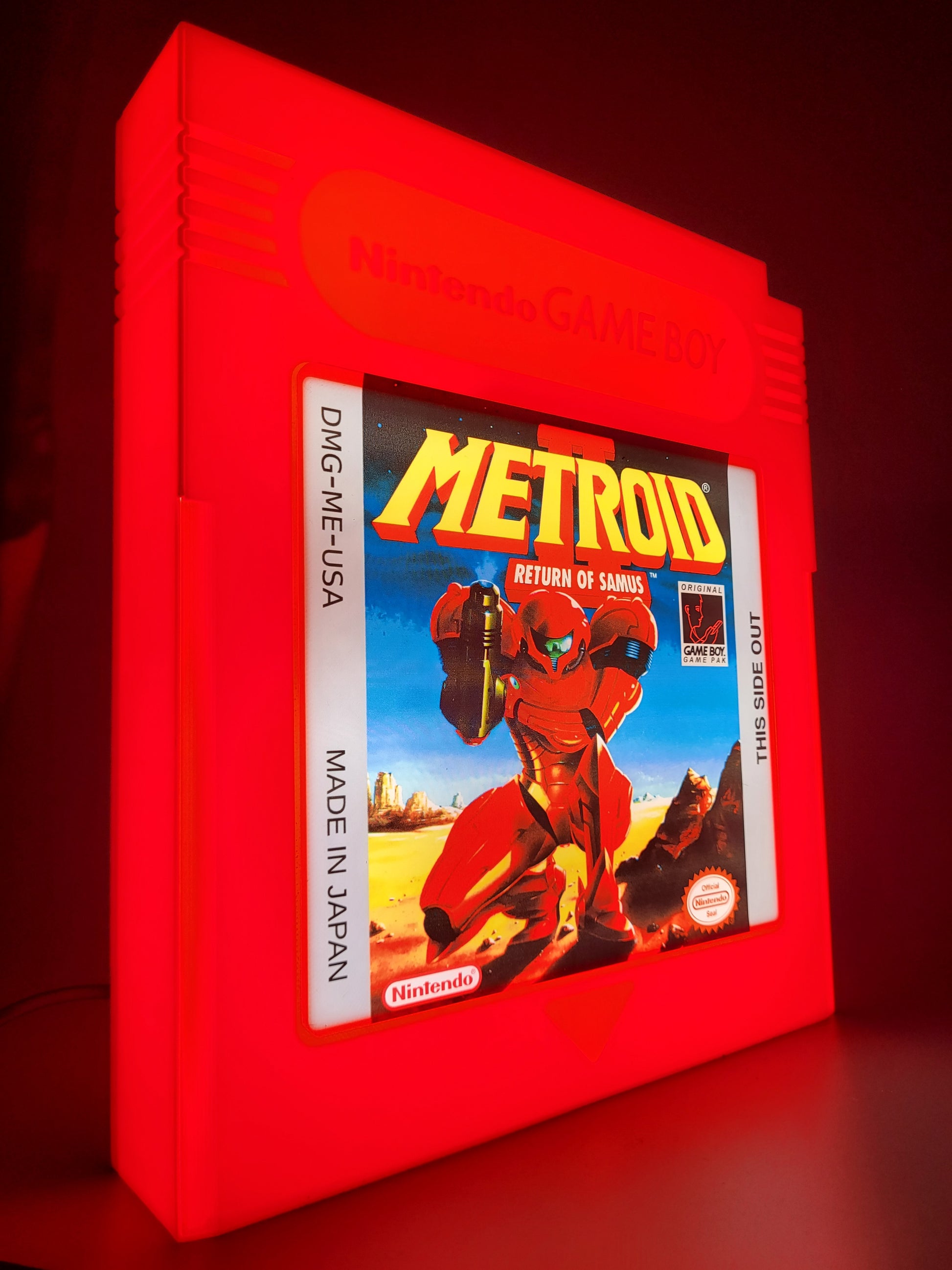 metroid giant cartridge led light sign with illuminated logo viewed from side view