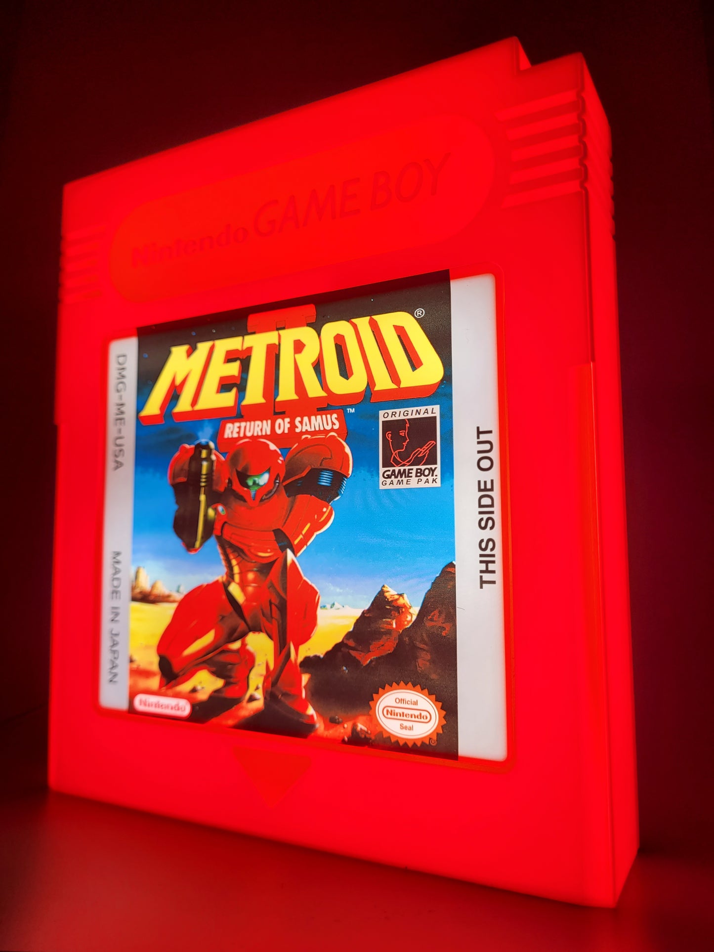 metroid giant cartridge led light sign with illuminated logo viewed from side view
