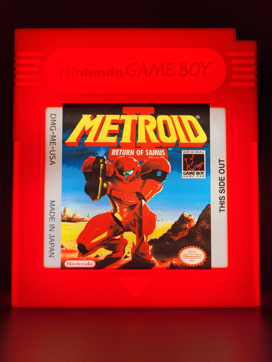 metroid GAMEBOY CARTRIDGE LED light sign with illuminated logo viewed from straight on