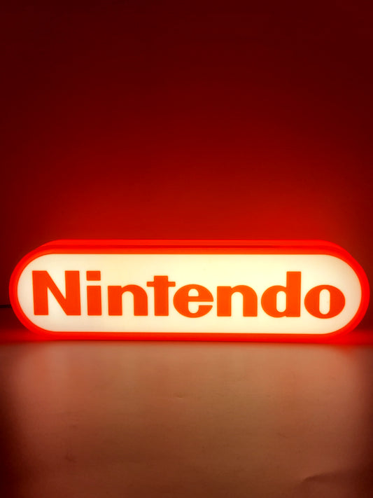 Nintendo LED light sign with illuminated logo viewed from straight on