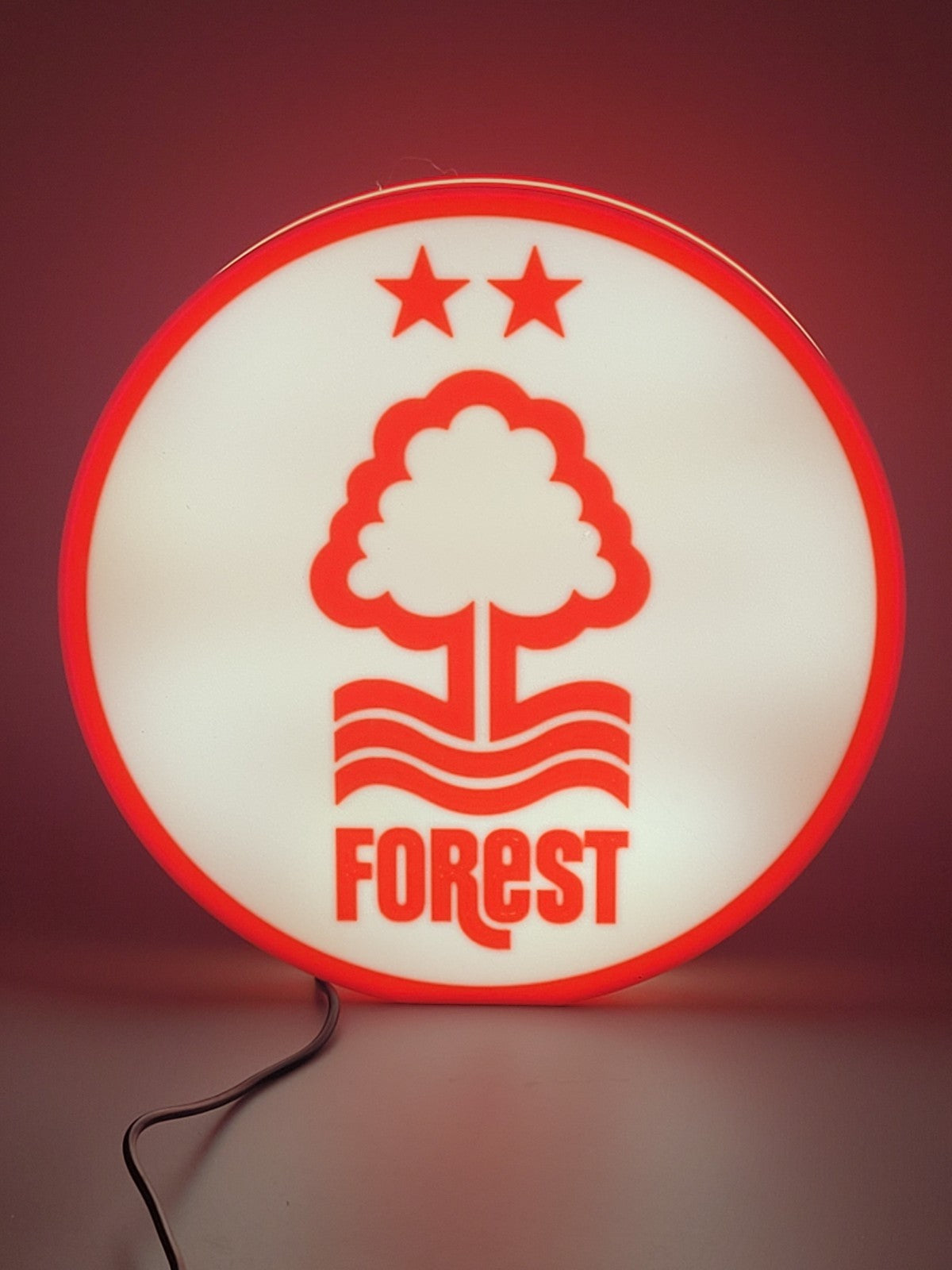 Nottingham forest F.C. LED light sign with illuminated logo viewed from straight on