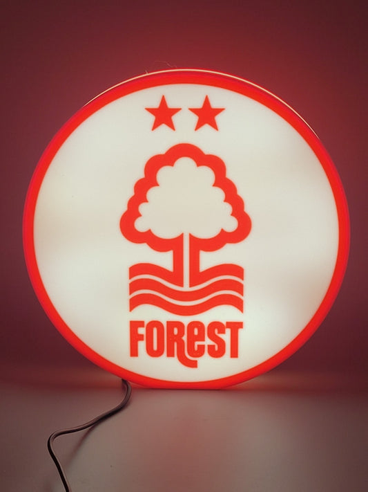 Nottingham forest F.C. LED light sign with illuminated logo viewed from straight on