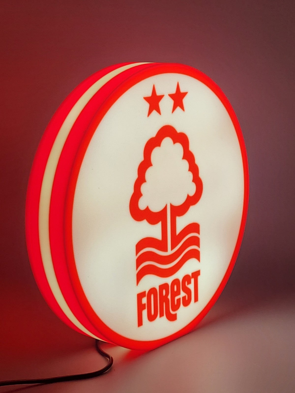 Nottingham Forest F.C. LED light sign with illuminated logo viewed from side view
