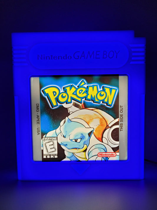 POKEMON BLUE GAMEBOY CARTRIDGE LED light sign with illuminated logo viewed from straight on