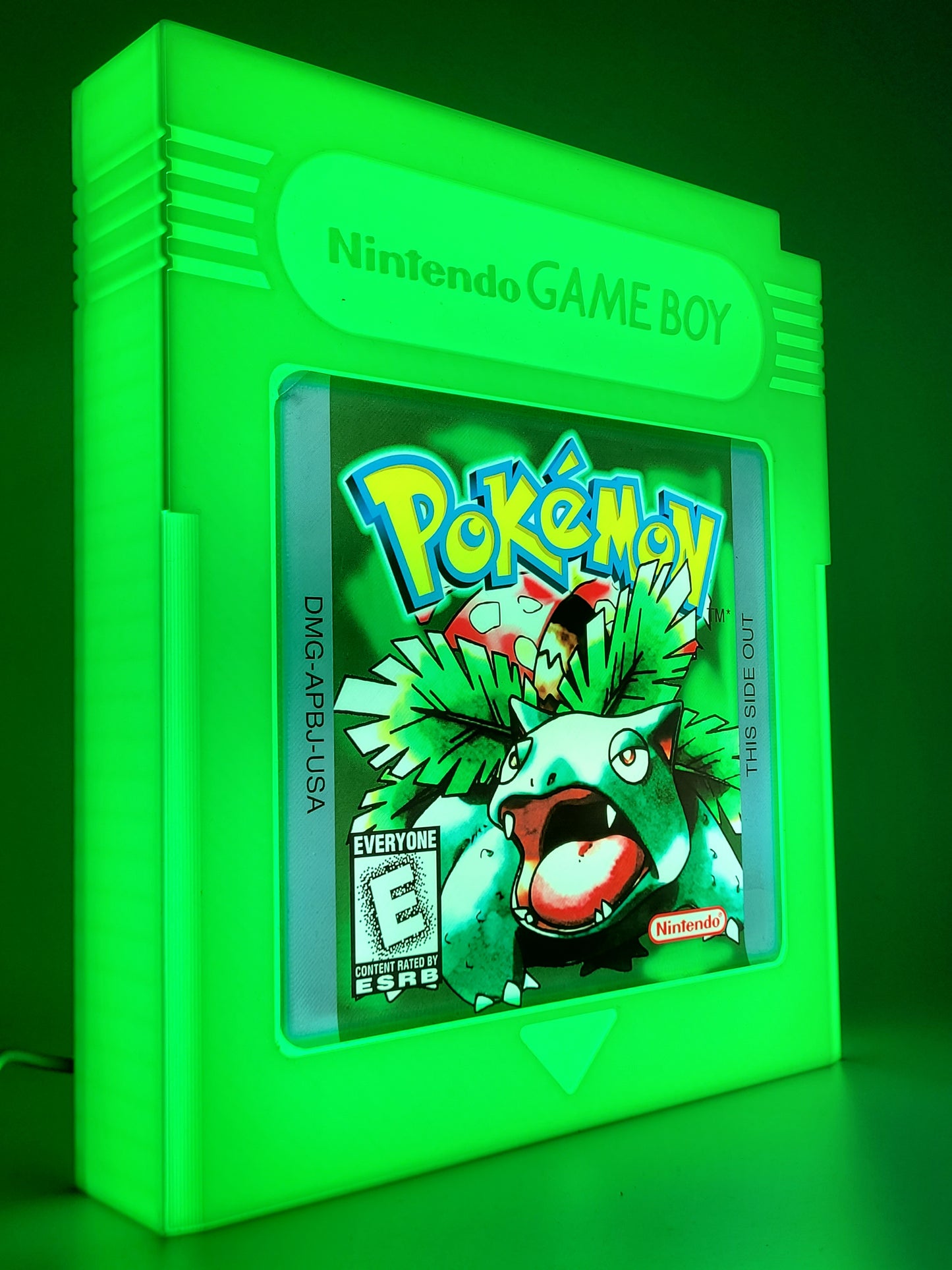 pokemon green giant cartridge led light sign with illuminated logo viewed from side 