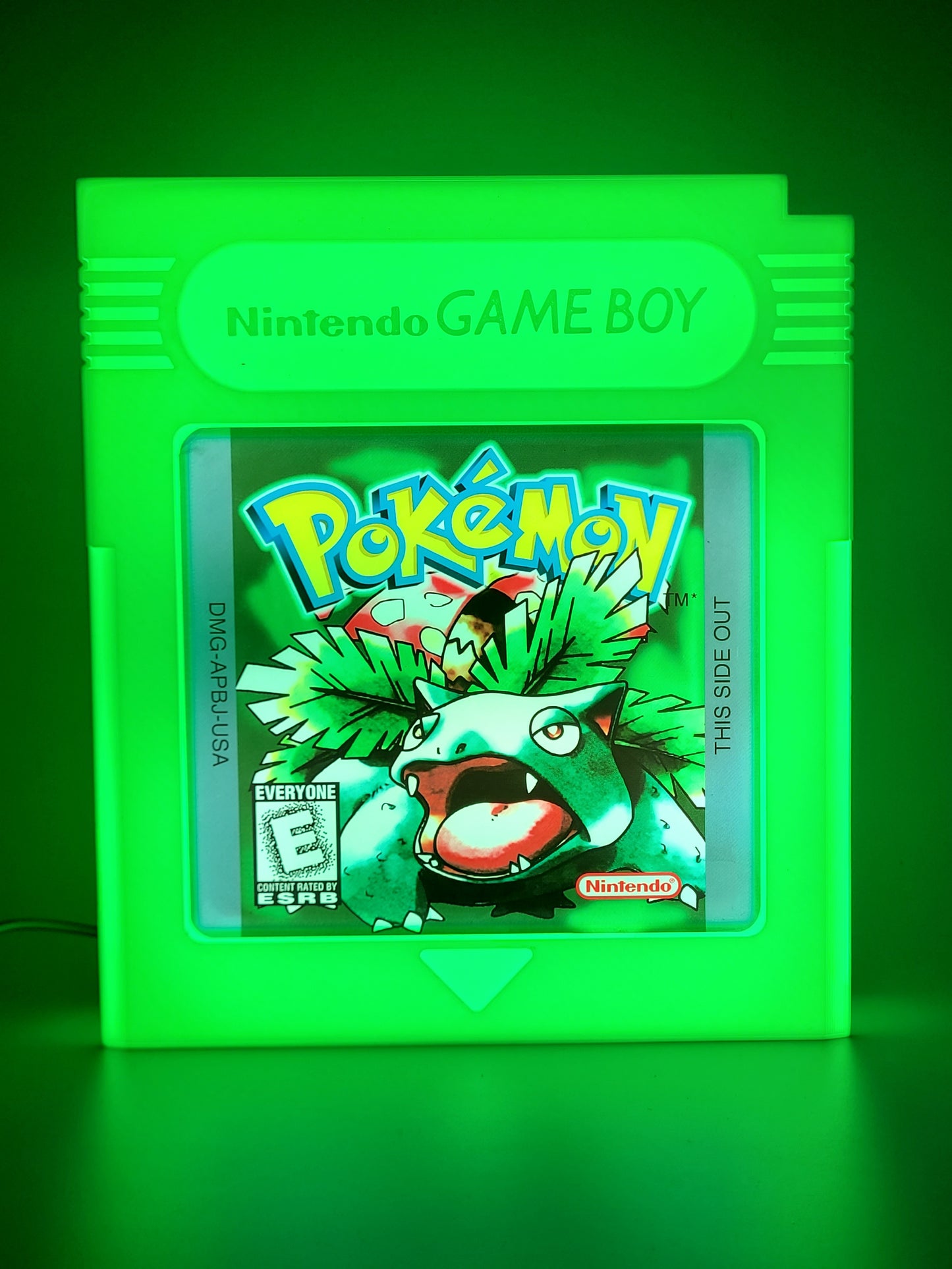 POKEMON GREEN GAMEBOY CARTRIDGE LED light sign with illuminated logo viewed from straight on