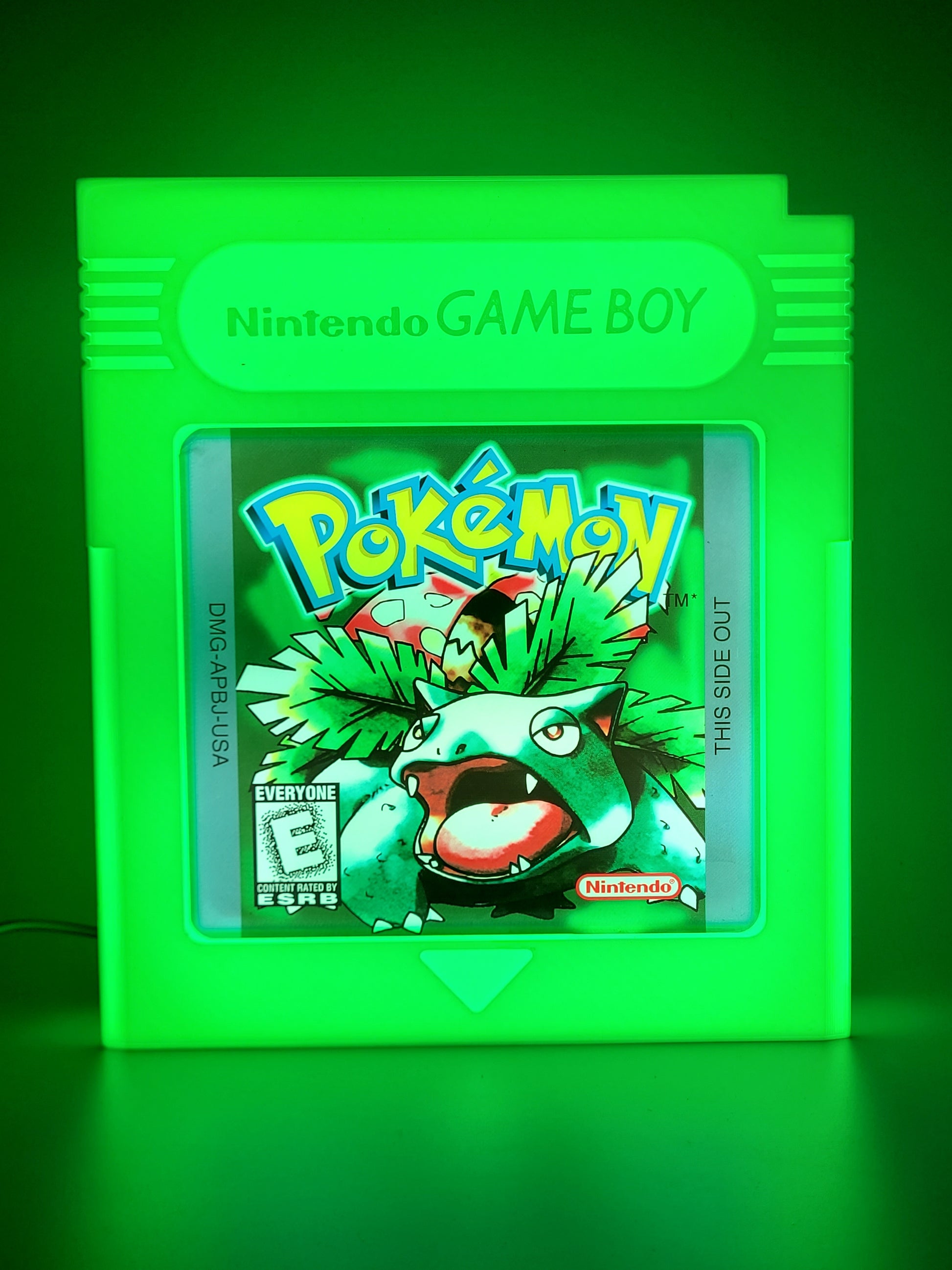 POKEMON GREEN GAMEBOY CARTRIDGE LED light sign with illuminated logo viewed from straight on