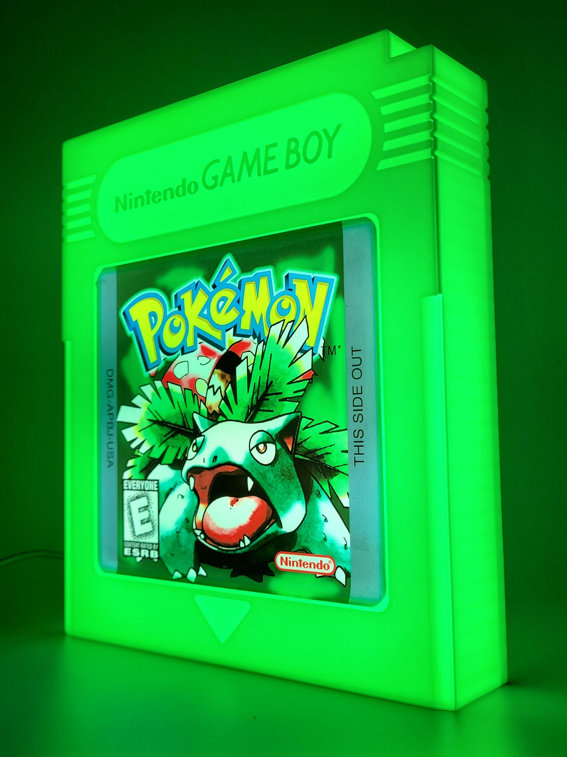 pokemon green giant cartridge led light sign with illuminated logo viewed from side 