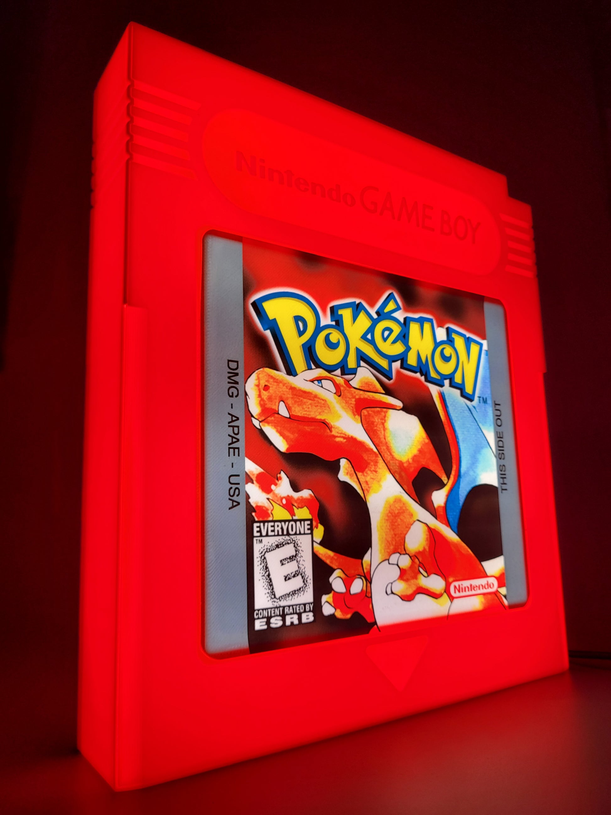 pokemon red giant cartridge led light sign with illuminated logo viewed from side view
