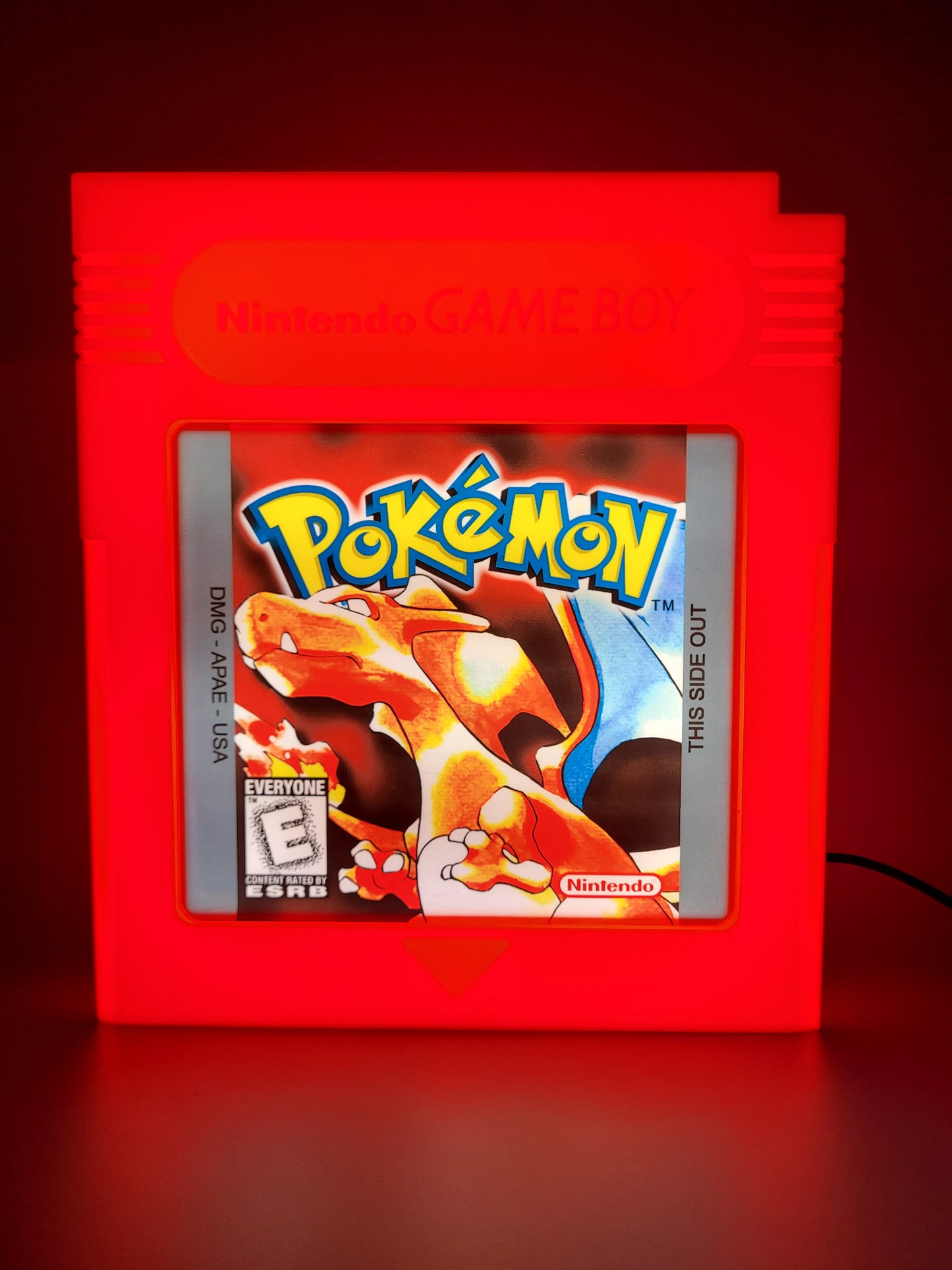 POKEMON RED GAMEBOY CARTRIDGE LED light sign with illuminated logo viewed from straight on