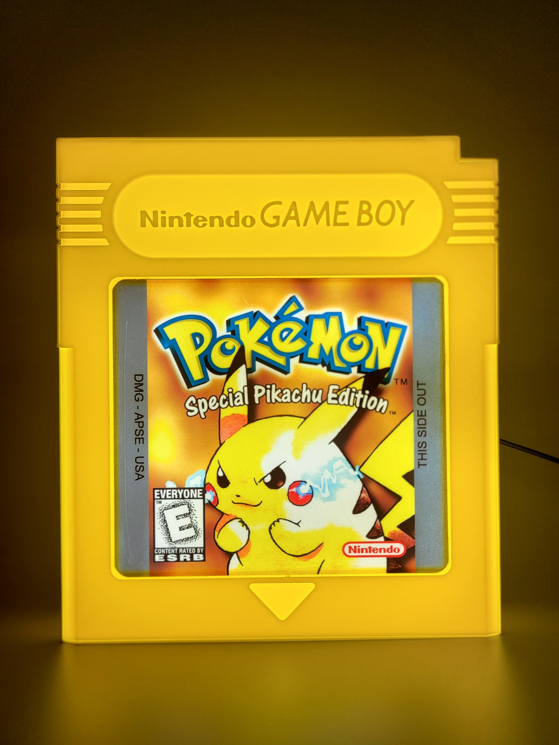 POKEMON PIKACHU YELLOW GAMEBOY CARTRIDGE LED light sign with illuminated logo viewed from straight on
