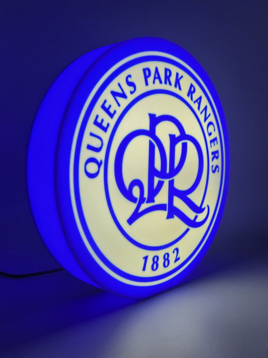 Queens Park Rangers F.C. LED light sign with illuminated logo viewed from side view