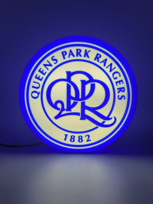 Queens Park Rangers QPR LED light sign with illuminated logo viewed from straight on