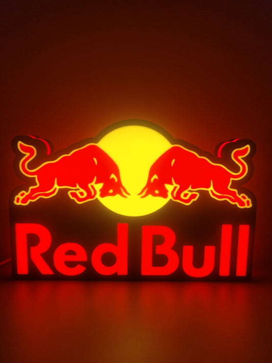 Redbull led light sign with illuminated logo viewed from straight on