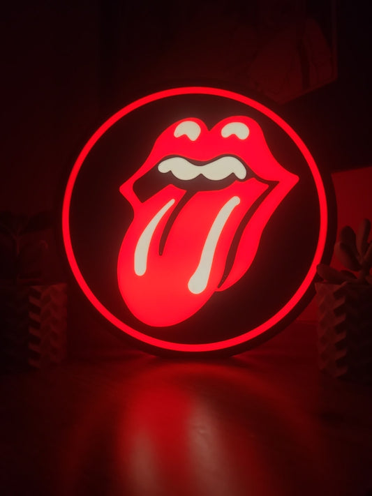 rolling stones led light sign with illuminated logo viewed from straight on