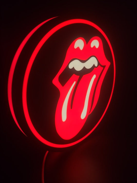 Rollingstones LED light sign with illuminated logo viewed from side view