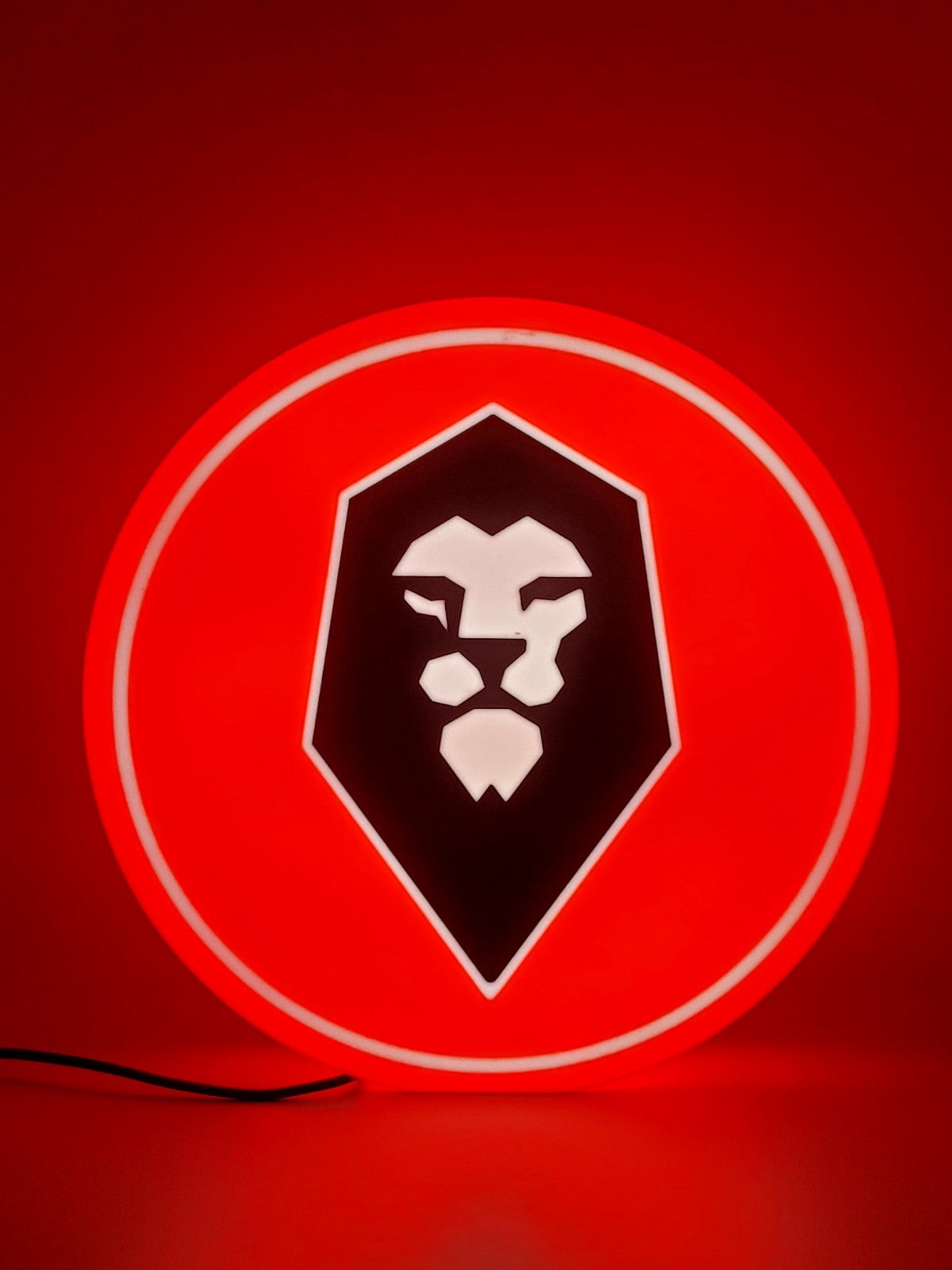 Salford FC led light sign with illuminated logo viewed from straight on